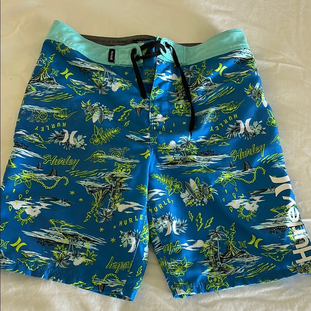 Hurley Aqua and Lime Graphic Swim Shorts